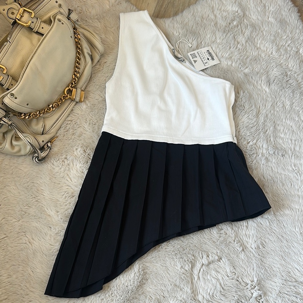 NWT Zara White and Black Asymmetrical Blouse